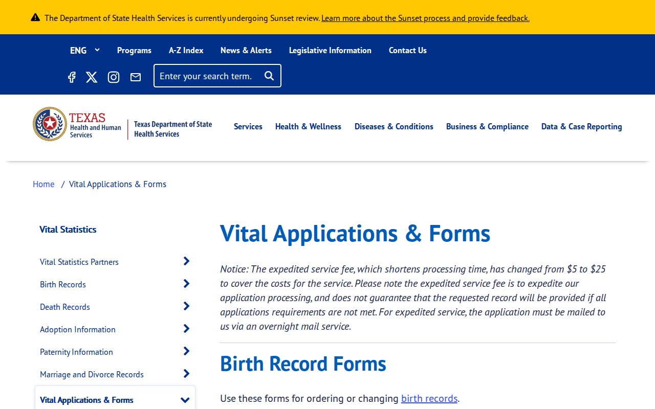 Deer Park residents directory Texas DSHS vital record forms