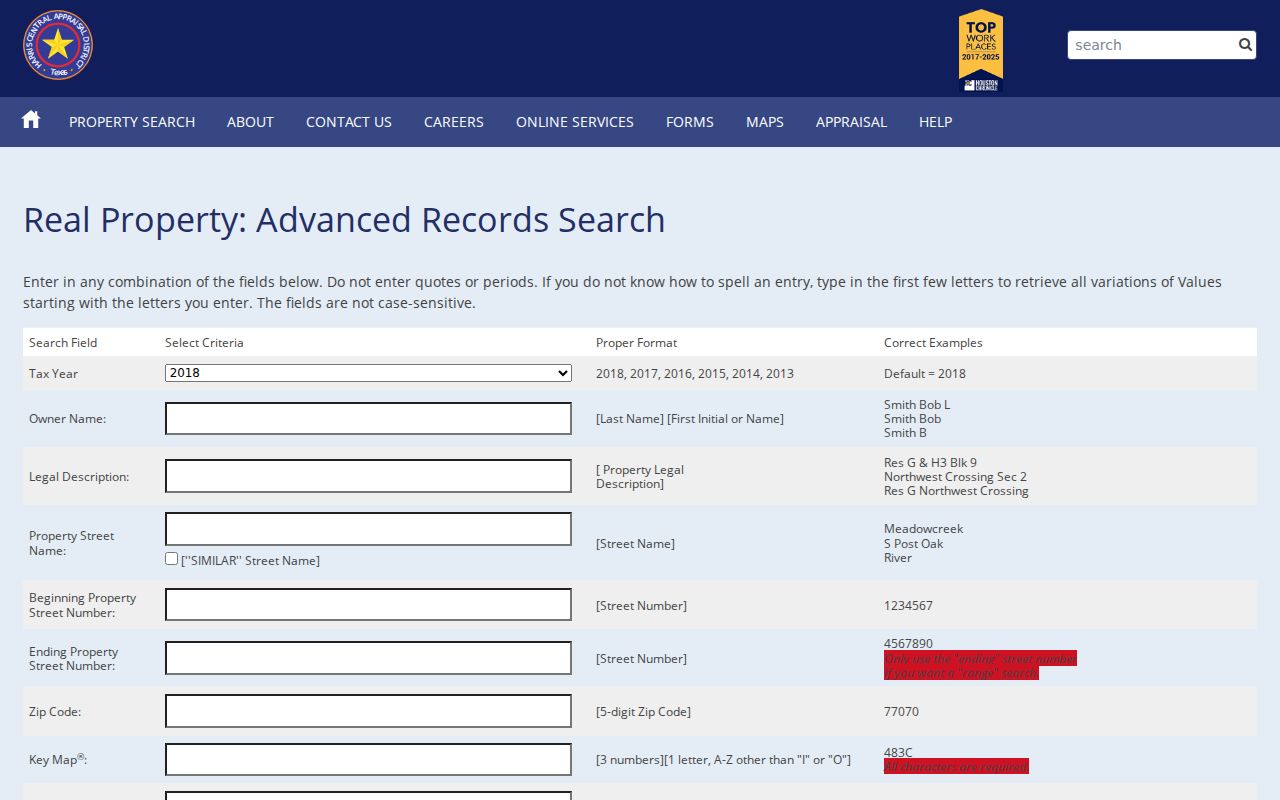 Deer Park residents directory HCAD advanced property search fields
