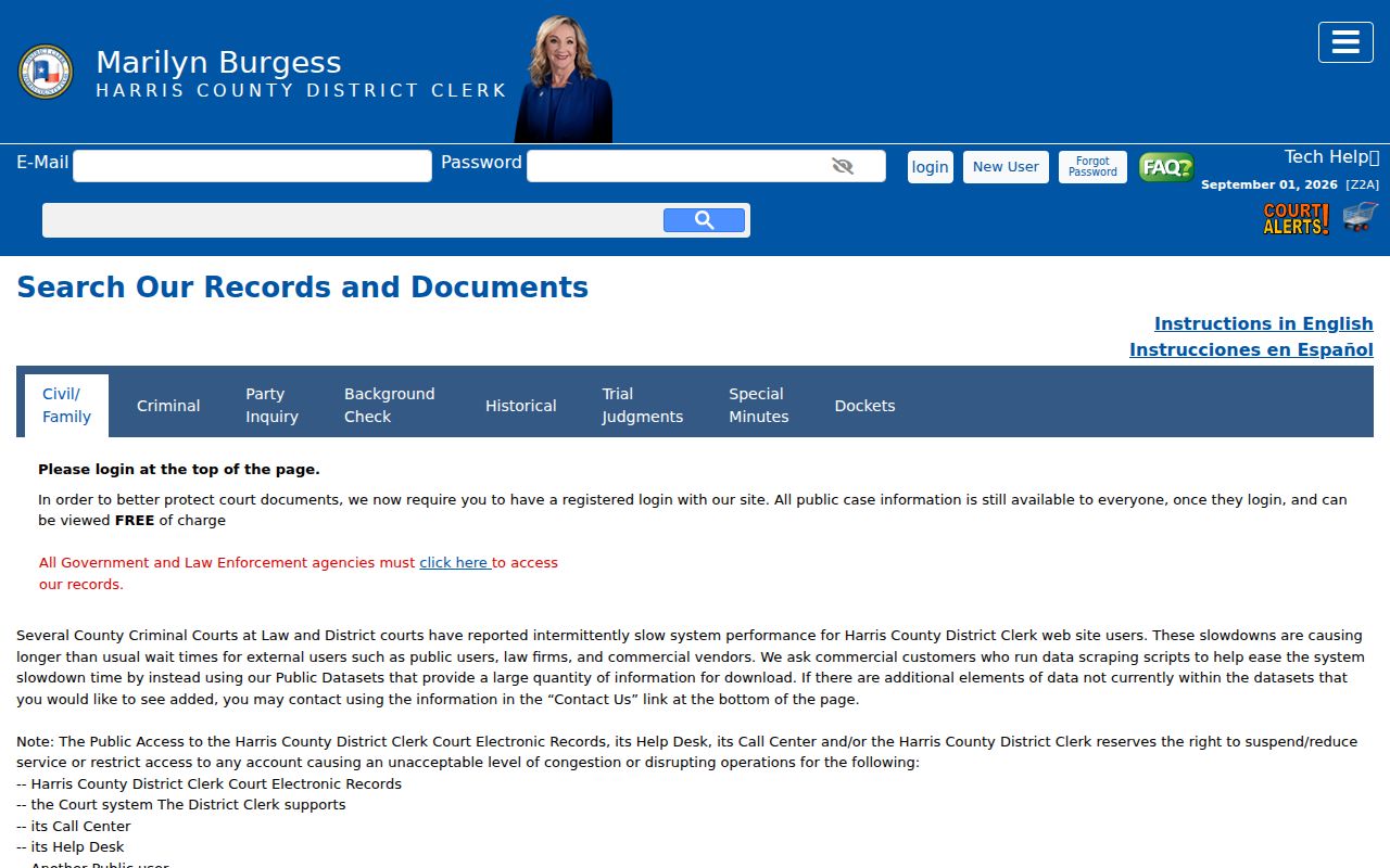 Deer Park resident lookup Harris County District Clerk public search filters