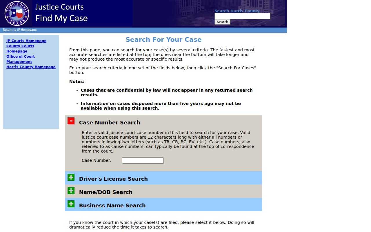 Deer Park resident lookup Harris County JP case search form