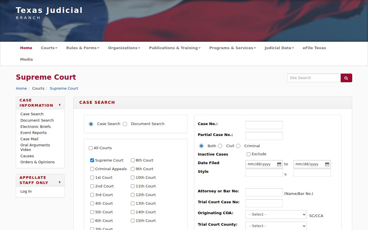Deer Park resident lookup Re:SearchTX case search form